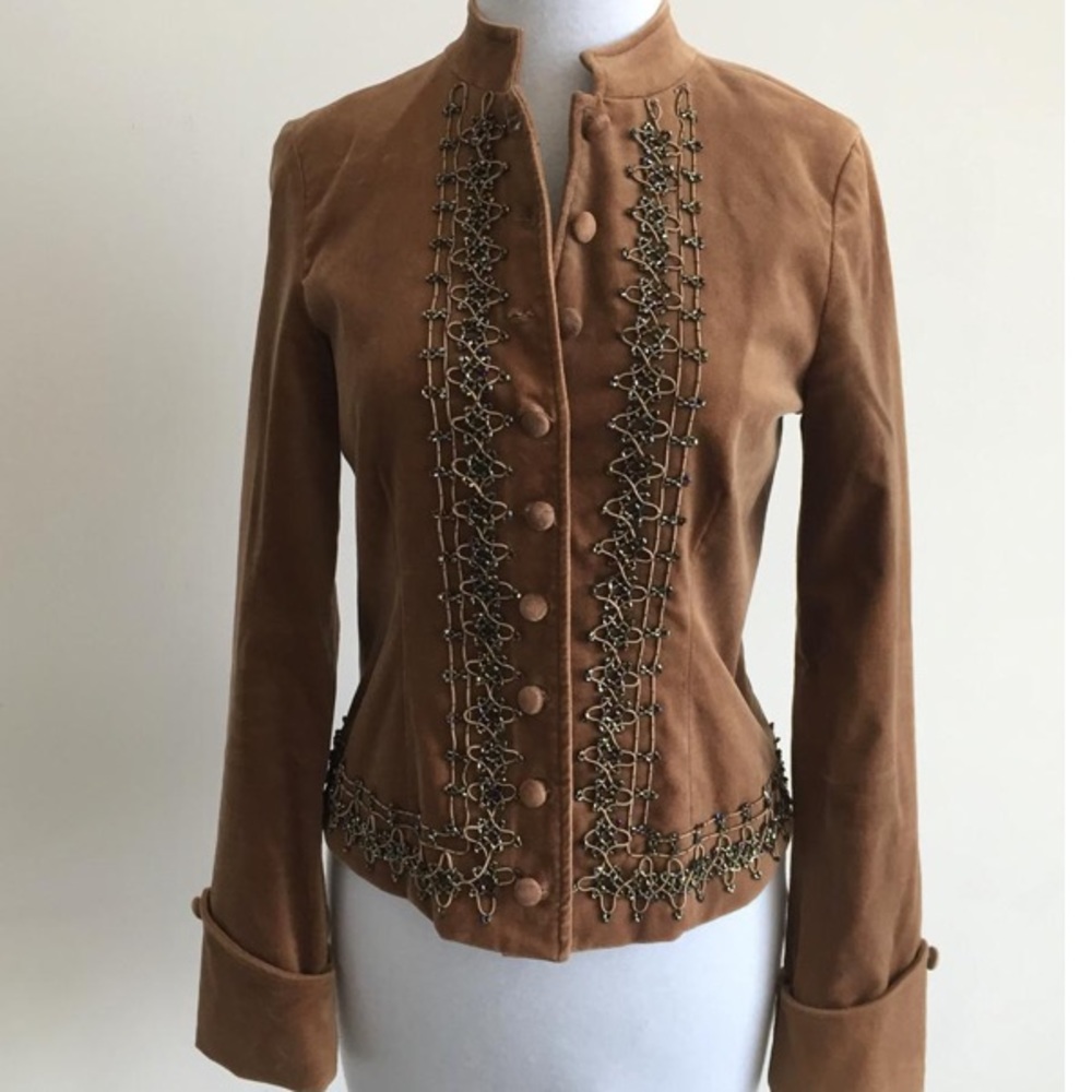 Arden B Stand Up Collar Retro Velvet Beaded Jacket